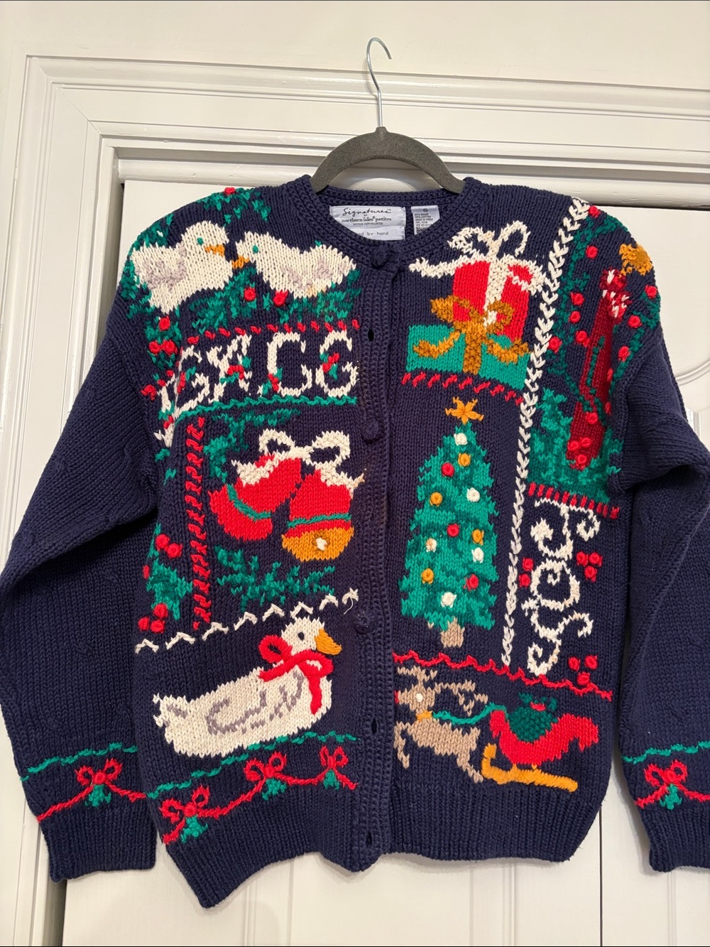 Signature Navy Festive Intarsia Holiday Cardigan Sweater